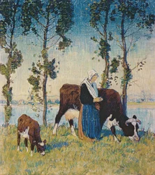 Frau mit Kuh und Kalb